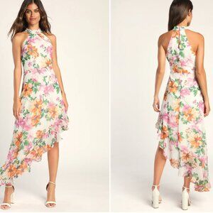 Lulu's White Floral Print Asymmetric Midi Dress